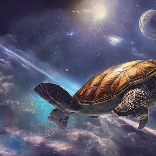 Prompt: Pardubice city,flying in space on a back of giant space turtle, detailed, 4k,painted as a game concept art