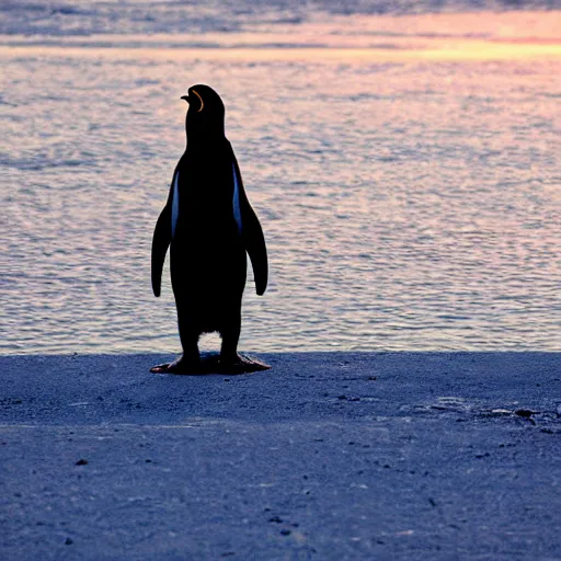 Image similar to penguin staring off into the sunset