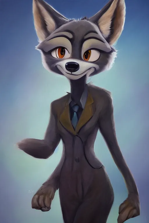 Image similar to oil painting of anthromorphic female wolf, in style of zootopia, female fursona, furry, furaffinity, 4 k, deviantart, furry art, fursona art, wearing black business suit, business suit, wolf fursona, female, smug expression,