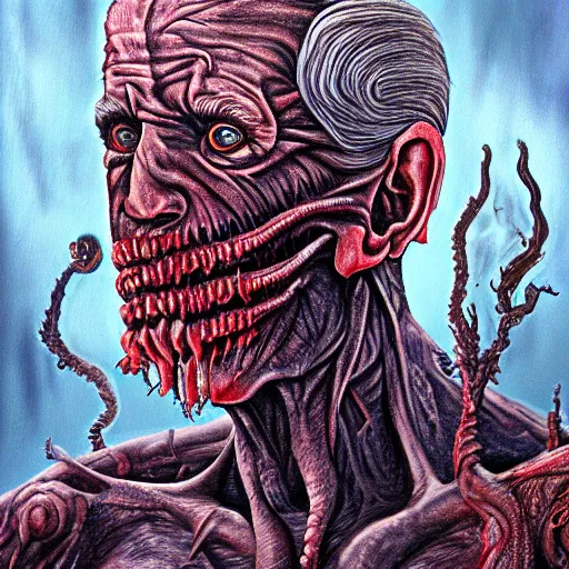 Image similar to biden became bloody ugly lovecraftian degenerate abomination, photo - realistic, color image, 2 k, highly detailed, bodyhorror, occult art, by giger