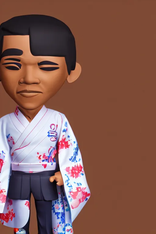 Image similar to full body 3d render of barack obama as an chibi figurine wearing a beautiful kimono, shinto shrine, blender, trending on artstation, 8k, highly detailed, bokeh, depth of field