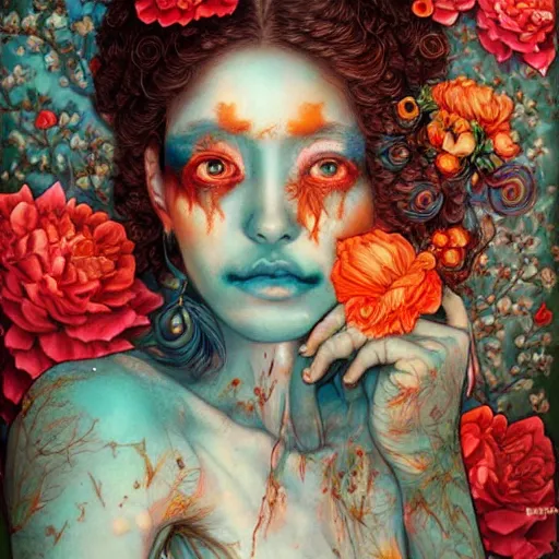 Prompt: beautiful portrait of zombie princess with flowers, cyan, orange and red color scheme, by Chie Yoshii, Jean James and Hans Zatzka, hyperfine detail, cgsociety