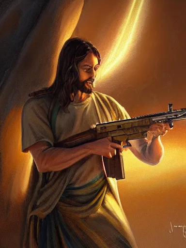 Image similar to jesus christ firing ak - 4 7. intricate, elegant, highly detailed, digital painting, artstation, concept art, sharp focus, illustration, by justin gerard and artgerm, 8 k