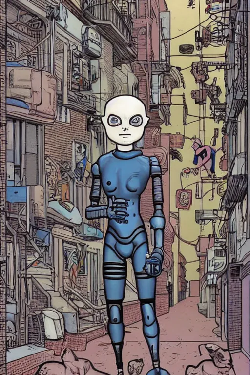 Prompt: a cyborg!! sphynx cat!!, in a cyberpunk alleyway by daniel clowes