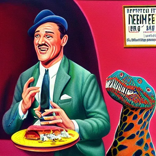 Image similar to beautiful lifelike painting of gene kelly demanding a refund on undercooked overpriced dinosaur steak in downtown dive bar bistro, hyperreal detailed facial features and uv lighting, retro pixel bitmap art by ed roth and basil wolverton