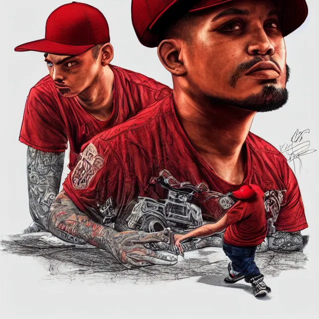 Image similar to the portrait of a los angeles blood's gang member wearing a red baseball cap, an ultrafine hyperdetailed illustration by kim jung gi, irakli nadar, intricate linework, bright colors, final fantasy, unreal engine 5 highly rendered, global illumination, radiant light, detailed and intricate environment