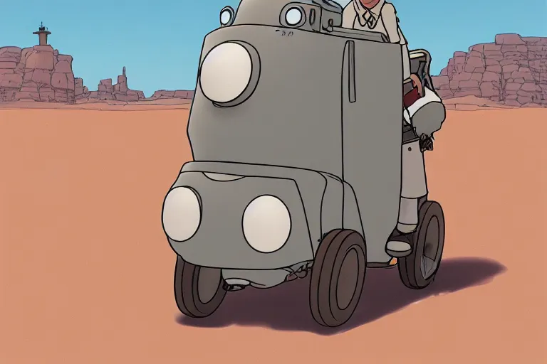 Prompt: a study of a cell shaded cartoon of a grey mechanized puppy from howl's moving castle ( 2 0 0 4 ), on a desert road, full body, wide shot, very muted colors, post grunge, studio ghibli, laurie greasley, highly detailed, deviantart, art by artgem