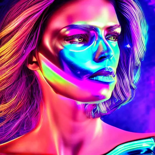 Image similar to chromatic 3d ultra realistic cyborg woman in psychedellic mirror environment digital art in synthwave style