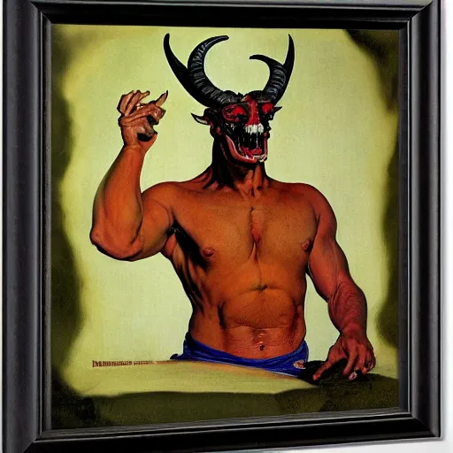 Image similar to upper body portrait a demon with the horns of a ram, by norman rockwell and boris vallejo