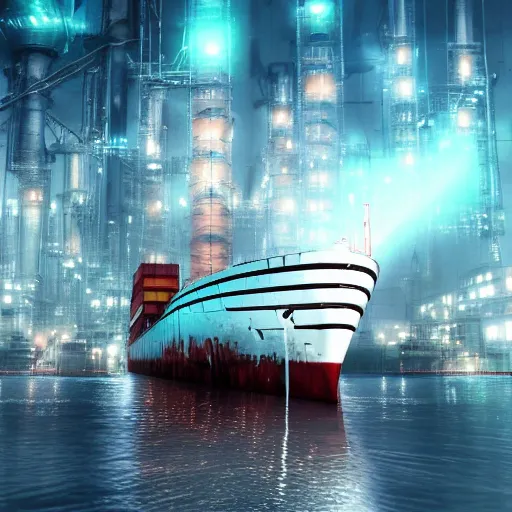 Image similar to photo of Immense industrial futuristic cargo ship arrives at cyber punk city sea port, cinematic lighting, photo