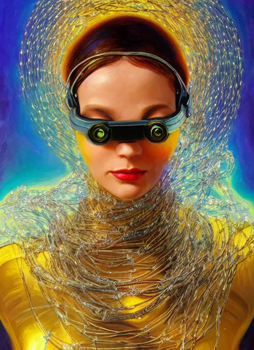 Image similar to oil painting of android woman immersed in the mystical tree, druid goddess, retro futurism, renaissance painting, baroque, steampunk, golden jewellery, shining crystals, cords and wires, vr googles, filigree, biomechanics, cinematic light, 8 k