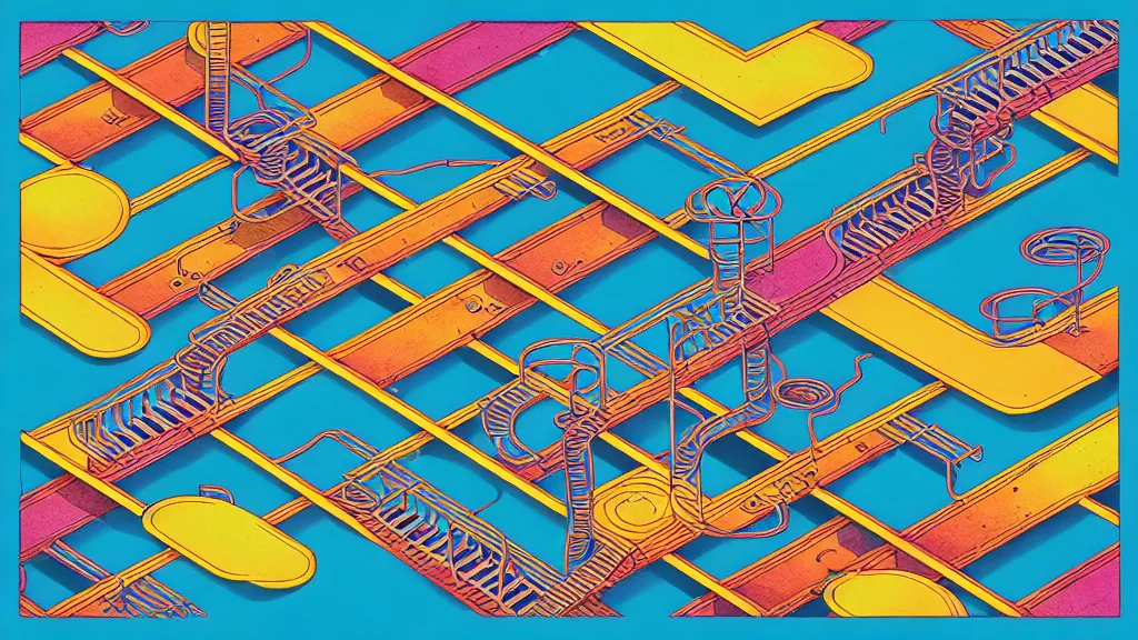 Image similar to chutes and ladders abstraction, centered award winning ink pen illustration, isometric abstract illustration by dan mumford, edited by craola, technical drawing by beeple and tooth wu, tiny details by artgerm and watercolor girl, symmetrically isometrically centered