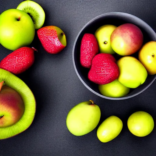 Image similar to bowl of fruit, black background, depth of field