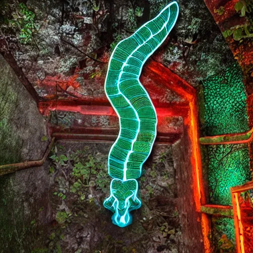 Image similar to glowing translucent quetzalcoatl in las pozas, cyberpunk, dark room, trending on artstation, 4 k close up, wide angle, cut out