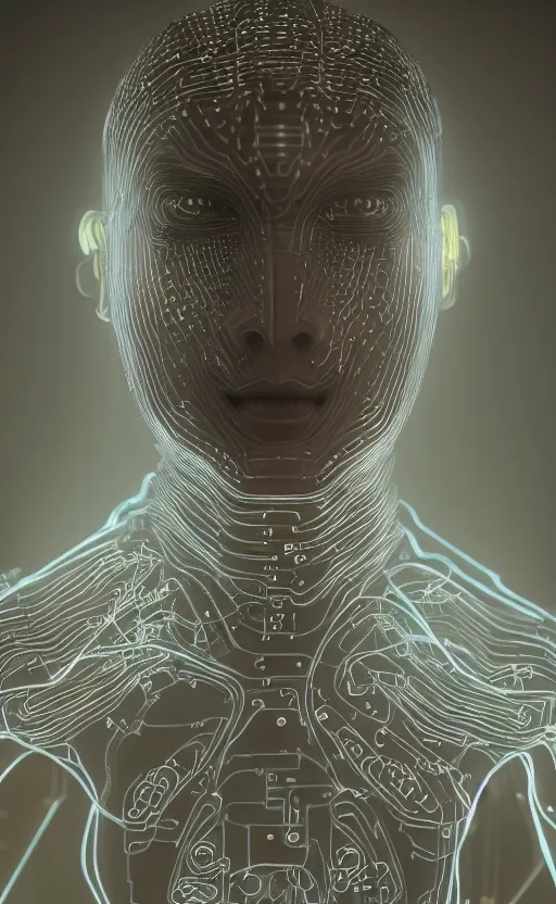 Image similar to an intricate, detailed face of asian boy, translucent greebles, electronic circuits made of glittering laserbeams, bioluminescence skin with ferrofluids on it, unreal engine, trending on artstation, bladerunner 2049