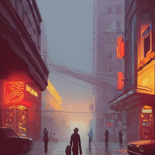 Prompt: movie scene of a downtown, lviv, a very misty day, a neon sign, by ian mcque ferdinand knab, makoto shinkai and lois van baarle, artgerm, pixar, ilya kuvshinov,, tom bagshaw, global illumination