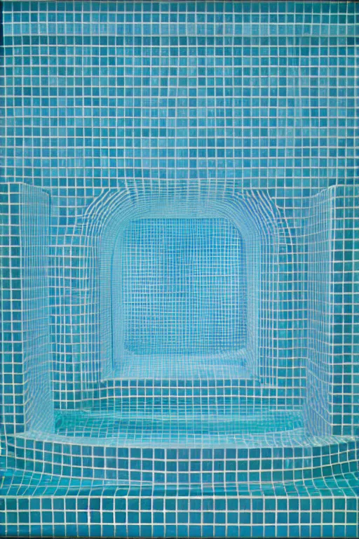 Prompt: non - euclidean tiled swimming pool tunnels into infinity, cubic and right angles, 1 9 6 0 s, color bleed, ektachrome photograph, volumetric lighting, f 8 aperture, cinematic eastman 5 3 8 4 film stanley kubrick