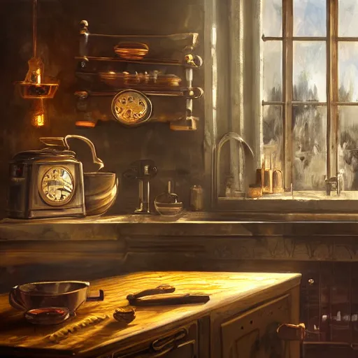 Image similar to steampunk kitchen in the warm morning light, toaster, kettle, fridge, oven, sink, machines, beautifully lit, painting, high resolution, trending on artstation