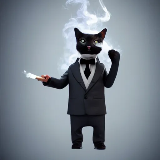 Image similar to a high quality photo of a cat wearing a suit and smoking, render, ultra realistic, cgsociety