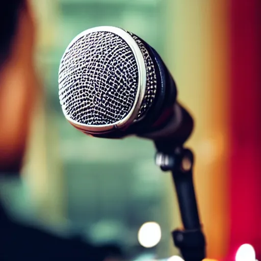 Prompt: a person interviewing a microphone