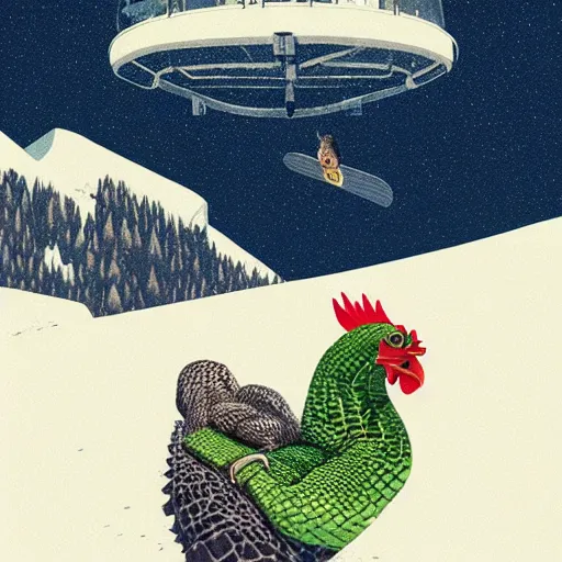 Image similar to a chicken riding a snowboard made of crocodiles by Mike Winkelmann Casey Weldon Ron Walotsky, beautiful aesthetic, trending on behance, digital illustration, custom brush, good art, perception of value