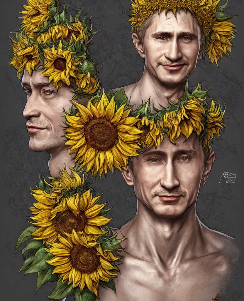 Image similar to digital art, centered full body of young any old Putin smiling king, Sunflower crown, ,intricate, veins, by James Jean and by artgerm , by ross tran ultradetailed, charachter design, concept art, trending on artstation,