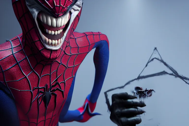 Image similar to Joker imitates Spider-Man and laughs, scary scene, top horrible creatures, horrible, horrors filmed on camera, fangs and drool, jaw and tongue, man is terrified, 8k, black and red, octane render, hyper-realistic, artstation trends, ray tracing, night, flashlight