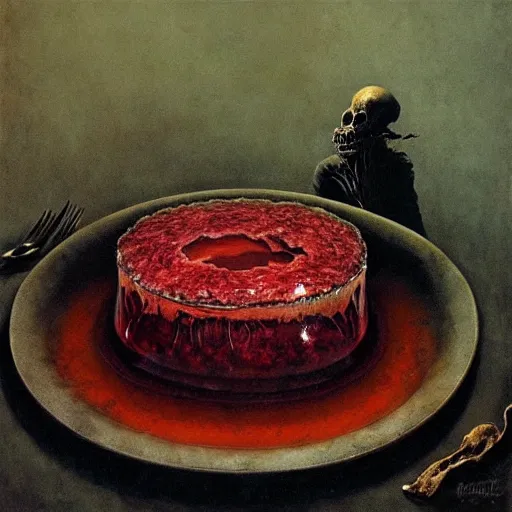 Image similar to meat jelly aspic on bone plate, incenerate painting by david cronenberg, beksinski, bernie wrightson, trending on artstation, horror film, creepypasta