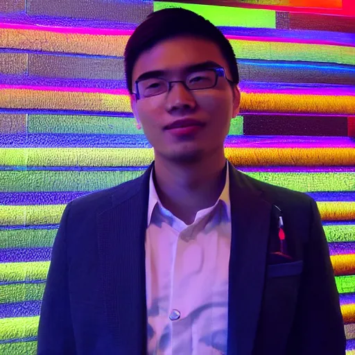 Prompt: a 2 6 year old asian daytrader named jay standing proudly in front of triangular nanoleaf led lights on his wall