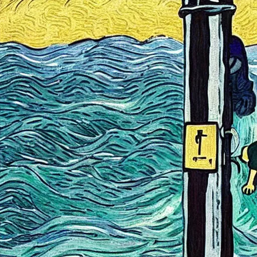 Image similar to guy with black hoodie is chained to a stop traffic sign pole under water. under the sea. trying to get free. van gogh style