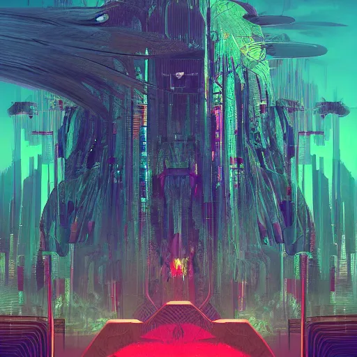 Image similar to seven angels come forth and receive seven bowls full of the wrath of god, smoke fills the temple so that no one can enter till the plagues of the seven angels have been complete, cyberpunk art by android jones, by beeple, darksynth, synthwave, quantum tracerwave