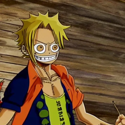 Prompt: A still of brownbeard from one piece with blonde hair wearing a tie dye t-shirt, in the style of Eiichiro Oda