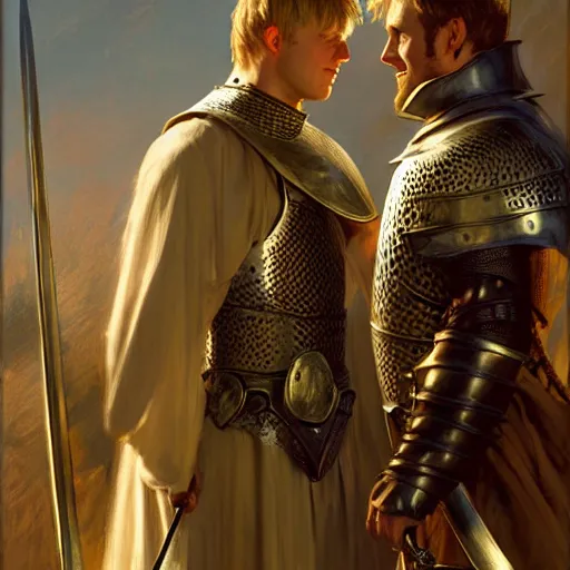 Image similar to attractive arthur pendragon and his favourite attractive male knight, they are in love, camelot, natural lighting, path traced, highly detailed, high quality, digital painting, by gaston bussiere, craig mullins, j. c. leyendecker