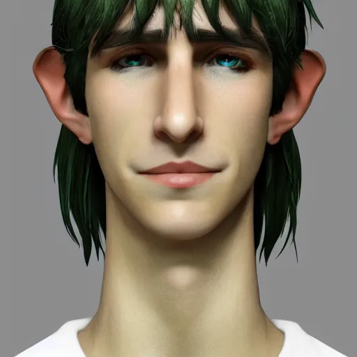 Image similar to A portrait of a adolescent male half-elf wizard who is tall and slim, short brown hair, smiling, deep green eyes, green shirt, college, learning, robes, staff, focus on face, sharp focus, highly detailed, photograph, cinematic, dynamic lighting, trending on artstation.