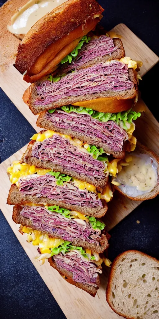 Image similar to a photograph of a rueben tower sandwich filled with so much 4 lbs of cornbeef roasted meat that the sandwich, it looks mouth watering with melting cheeses and grilled onions, 1 0 0 0 island dressing and pumpernickle bread cooked to perfection, food photography