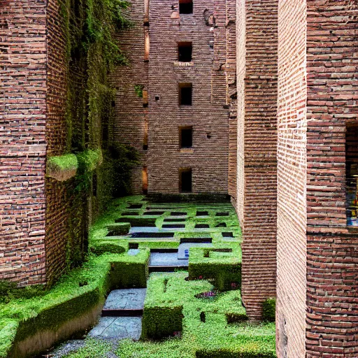 Image similar to courtyard complex of a labyrinthine monastary made of fractal resursively stacked bricks, fusion of carlo scarpa and thomas heatherwick, moss and ivy growing on the bricks, architectural photography