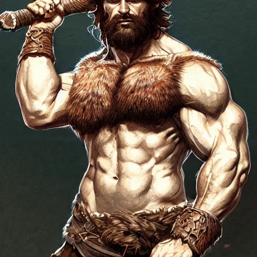 Prompt: portrait of a young rugged male barbarian, handsome, upper body, hairy torso, D&D, muscular, fantasy, intricate, elegant, highly detailed, digital painting, artstation, concept art, smooth, sharp focus, illustration, art by artgerm and greg rutkowski and alphonse mucha