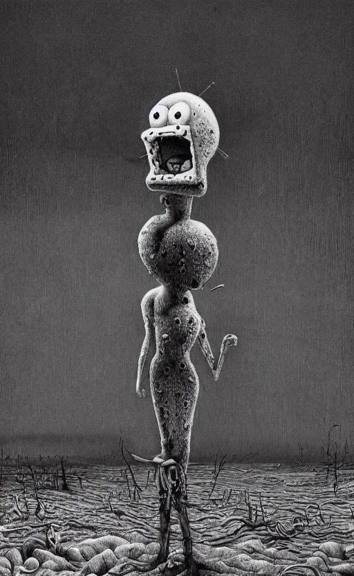 Image similar to spongebob squarepants in style of zdzisław beksinski, standing in wasteland, horror art, creepy, desolate, spongebob, spongebob, spongebob, spongebob