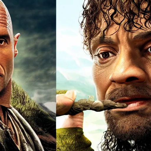 Image similar to the rock as a hobbit from lord of the rings, the rock in lotr, lord of the rings, the rock as frodo, 8k, high res, photo realistic