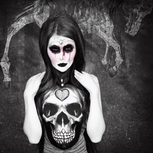 Image similar to a photo of young woman with horse face, gothic style, skulls are lying underneath