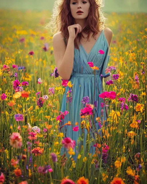 Prompt: a portrait of a beautiful woman wearing a dress, standing in a colorful field of flowers and grass, by emilia wilk and bella kotak and elizabeth gadd. Trending on artstation.