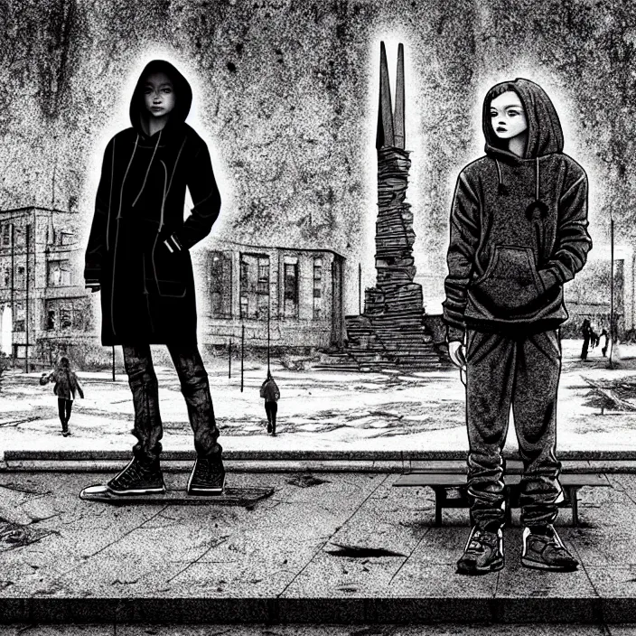 Image similar to sadie sink in hoodie sits on bench in ruined square, pedestrians walk by. background of old soviet monument and pedestrians. storyboard, scifi cyberpunk. by gabriel hardman, joe alves, chris bonura. cinematic atmosphere, detailed and intricate, perfect anatomy