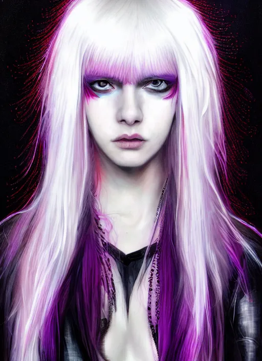 Image similar to hair whitebangs hair, black cyberlox, portrait of teenage girl with white bangs, whitebangsblackhair, messy bangs, cyberlox, whitebangs, red irises, purple clothes, intricate, elegant, glowing lights, highly detailed, digital painting, artstation, concept art, sharp focus, illustration, art by wlop, mars ravelo and greg rutkowski