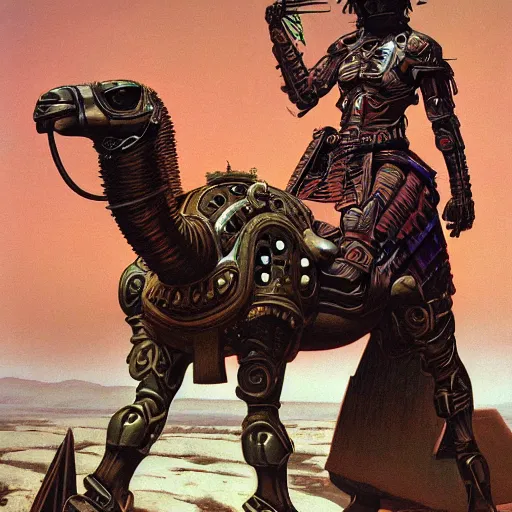 Prompt: cybernetic cyborg warrior, wretched camel, by Gerald Brom Ted Nasmith