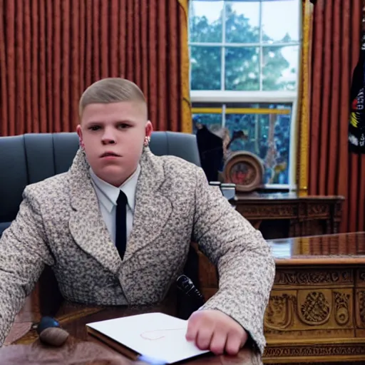 Prompt: cinematic shot of Yung Lean sitting in the desk in the oval office, 8k, very intricate, very detailed,