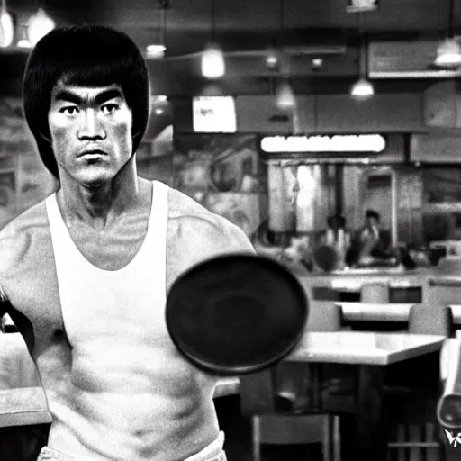 Prompt: 8 k realistic portrait photograph of bruce lee standing inside of a detailed and busy wafflehouse