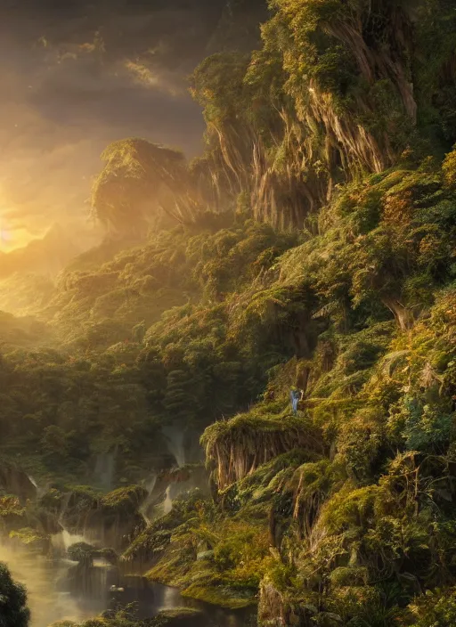 Image similar to in the distance an elegant fairy with wings of lace in a lord of the rings scenery landscape, a vast lush valley flowers and wood structures, stream, sunrise, god's rays highly detailed, vivid color, cinematic lighting, perfect composition, 8 k, gustave dore, derek zabrocki, greg rutkowski, belsinski, octane render