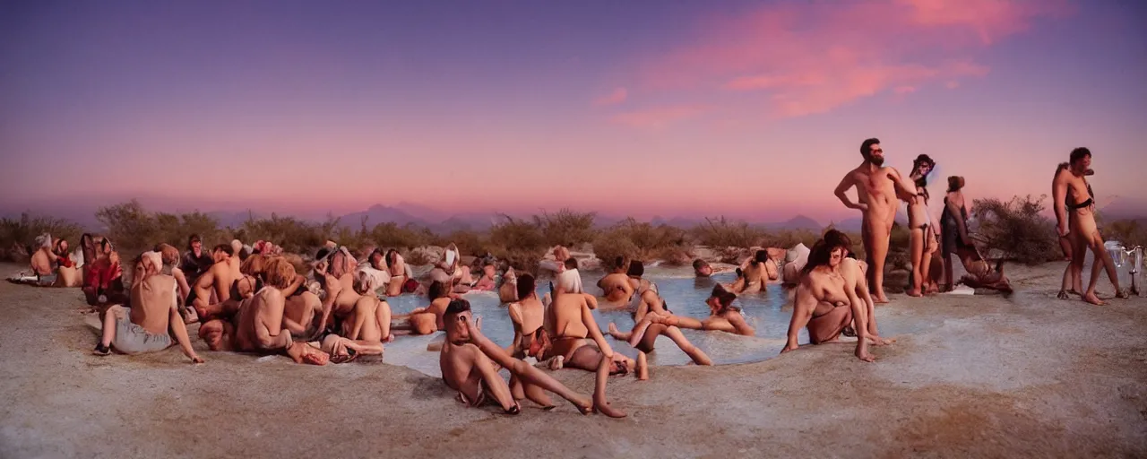 Image similar to people at a natural hot springs of with spaghetti, desert, sunset, kodachrome, in the style of wes anderson