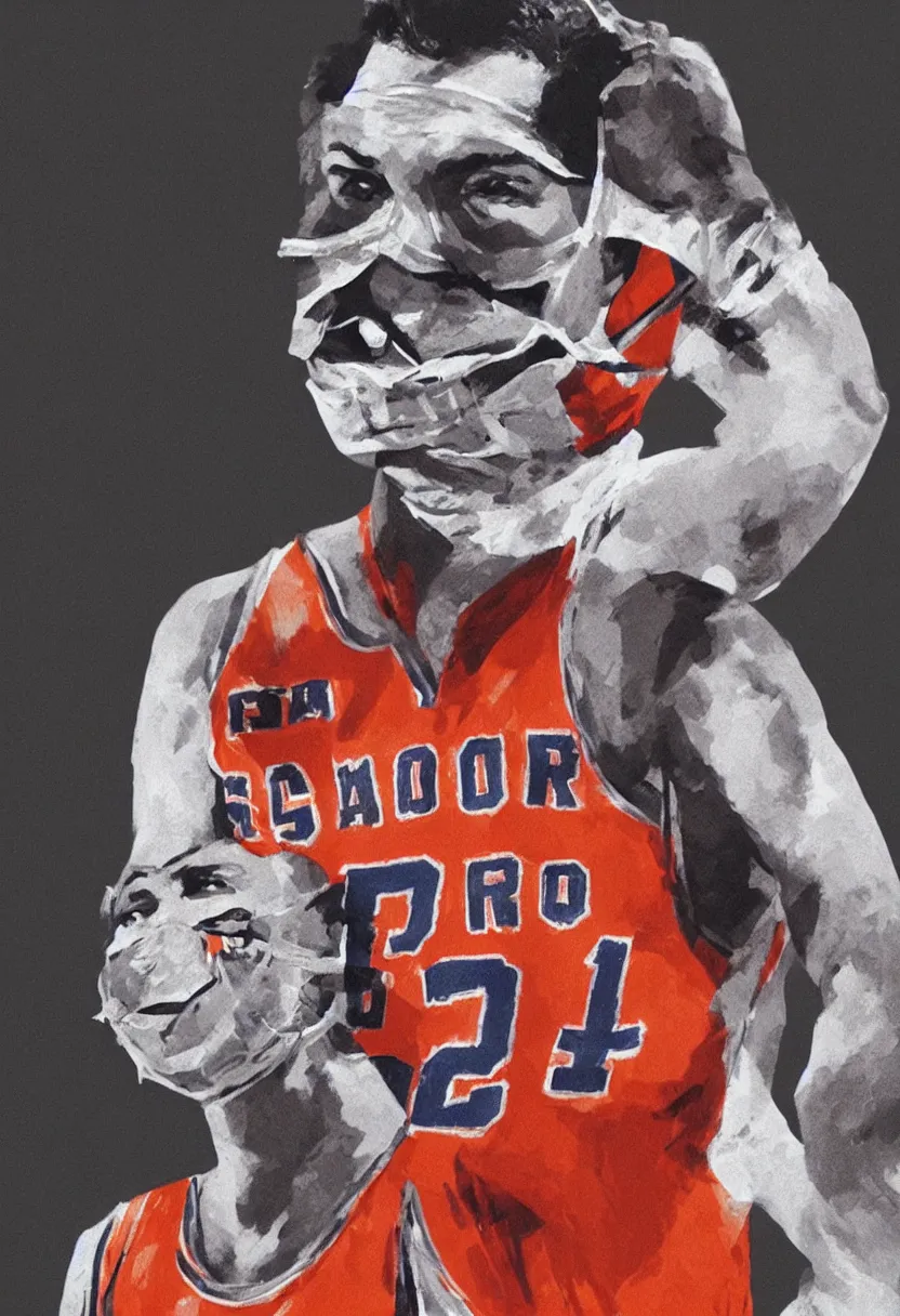 Prompt: billy gabor of the syracuse nationals wearing a facemask in an nba game, hyper photorealistic, insane detail, digital photography, artstation, concept art