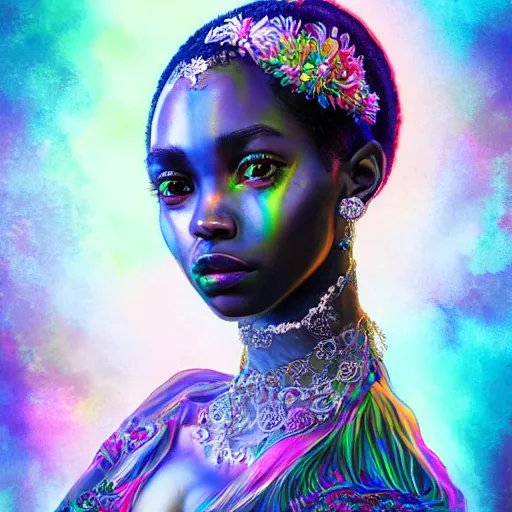 Prompt: the portrait of the absurdly beautiful, graceful, elegant, gorgeous, sensual young black girl goddess made of rainbow soul spirit, an ultrafine hyperdetailed photograph by kim jung gi, irakli nadar, intricate linework, bright colors, octopath traveler, final fantasy, unreal engine 5 highly rendered, global illumination, radiant light, intricate environment, 8 k